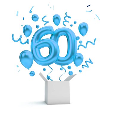 Mutlu 60 mavi sürpriz balon ve kutusu. 3D render