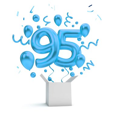Mutlu 95 Doğum mavi sürpriz balon ve kutusu. 3D render