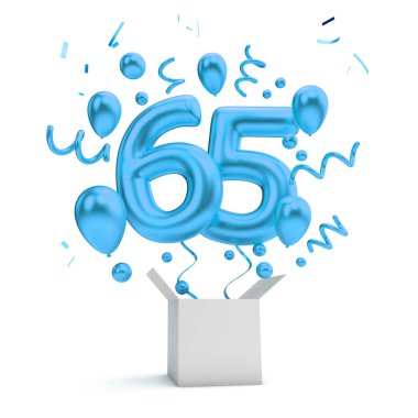 Mutlu 65 Doğum mavi sürpriz balon ve kutusu. 3D render