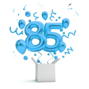 Mutlu 85 Doğum mavi sürpriz balon ve kutusu. 3D render