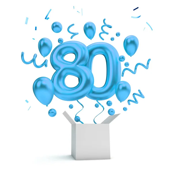 Happy 80Th Birthday Blue Surprise Balloon Box Rendering — Stock Photo, Image