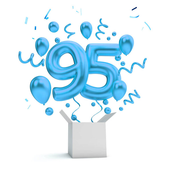 С 95-летием синий воздушный шар-сюрприз и коробка. 3D рендеринг
