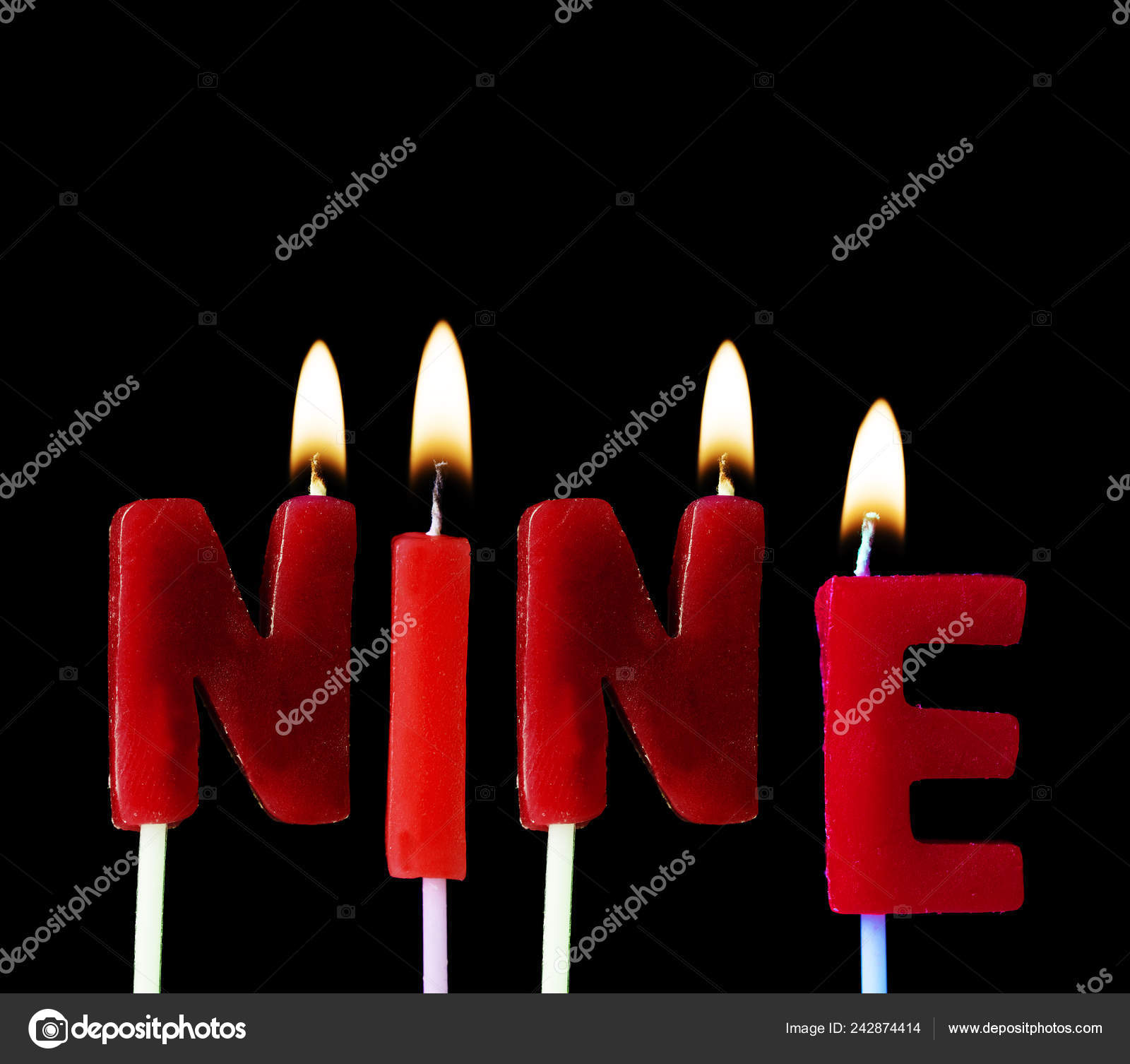 Nine Spellt Out Red Birthday Candles Black Background ⬇ Stock Photo