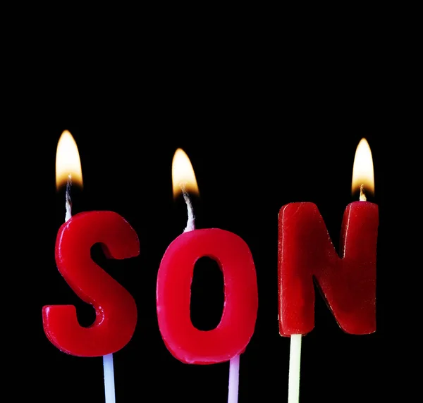 Hijo Deletreado Velas Cumpleaños Rojas Sobre Fondo Negro — Foto de Stock