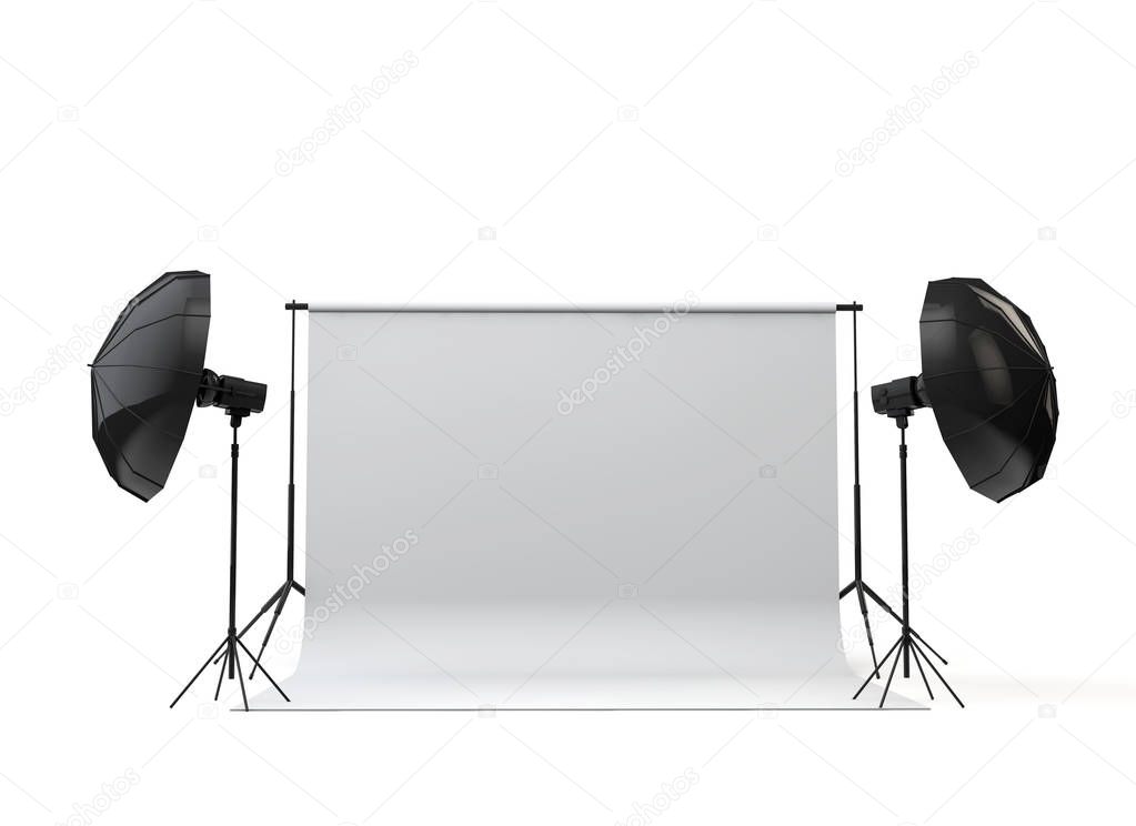 Empty photography studio with paper roll and lights. 3D rendering