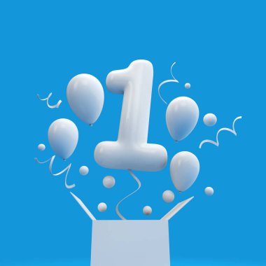 Mutlu 1 doğum günü sürpriz balon ve kutusu. 3D render