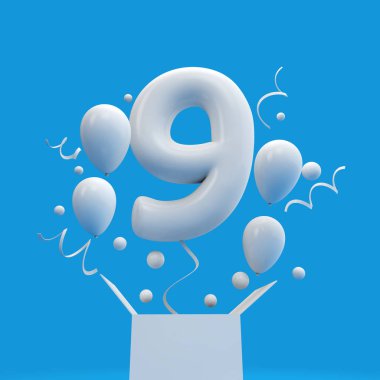 Mutlu 9 doğum günü sürpriz balon ve kutusu. 3D render