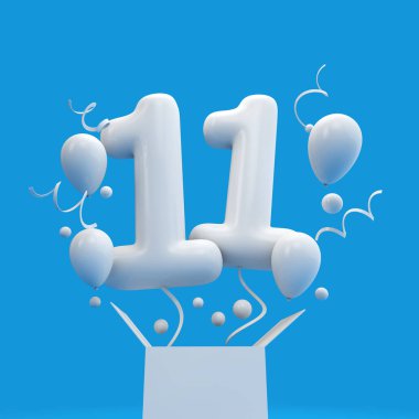 Mutlu 11th doğum günü sürpriz balon ve kutusu. 3D render