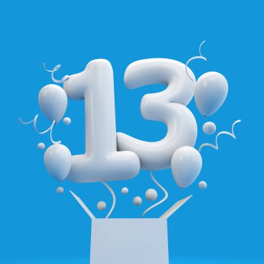 13. doğum sürpriz balon ve kutusunu mutlu. 3D render