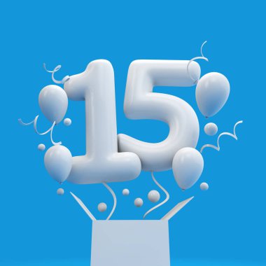 15 doğum günü sürpriz balon ve kutusunu mutlu. 3D render