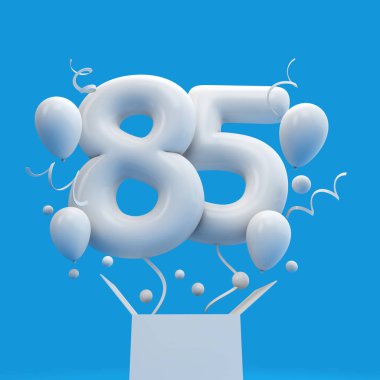 Mutlu 85 doğum günü sürpriz balon ve kutusu. 3D render