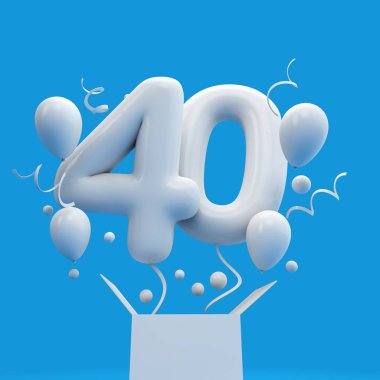 Mutlu 40 doğum günü sürpriz balon ve kutusu. 3D render