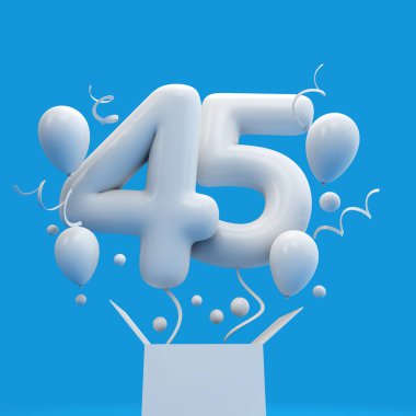 Mutlu 45 doğum günü sürpriz balon ve kutusu. 3D render