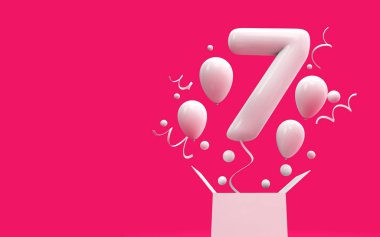 Mutlu 7 doğum günü sürpriz balon ve kutusu. 3D render