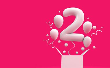 Happy 2nd birthday surprise balloon and box. 3D Rendering clipart