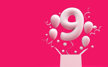 Mutlu 9 doğum günü sürpriz balon ve kutusu. 3D render
