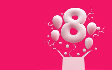 Mutlu 8th doğum günü sürpriz balon ve kutusu. 3D render