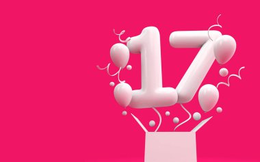 Mutlu 17 doğum günü sürpriz balon ve kutusu. 3D render