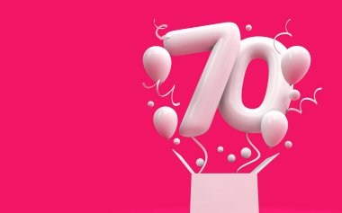Mutlu 70 doğum günü sürpriz balon ve kutusu. 3D render