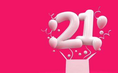 Mutlu 21 doğum günü sürpriz balon ve kutusu. 3D render