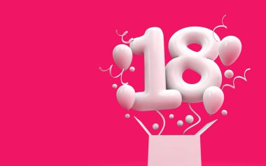 Mutlu 18 doğum günü sürpriz balon ve kutusu. 3D render