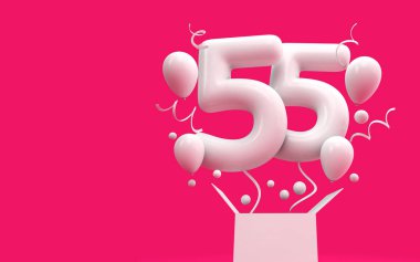Mutlu 55 doğum günü sürpriz balon ve kutusu. 3D render