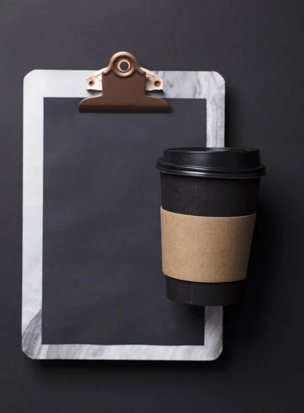 Zwarte Koffie Cup Klembord Leeg Menu — Stockfoto