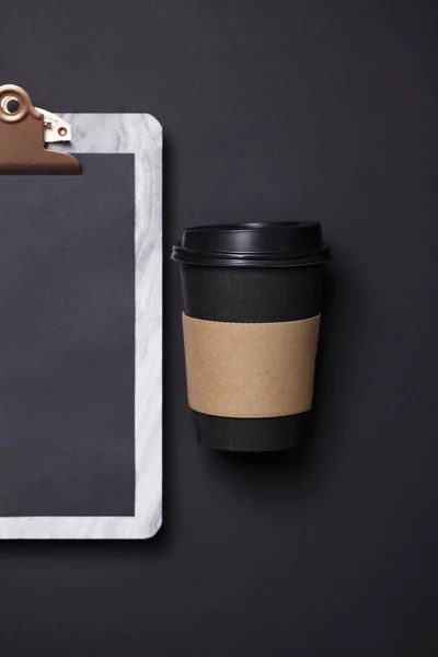 Zwarte Koffie Cup Klembord Leeg Menu — Stockfoto