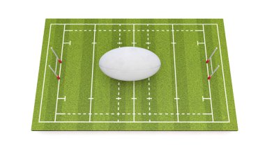 Ragbi sahası ile top ve kaleler. 3D render