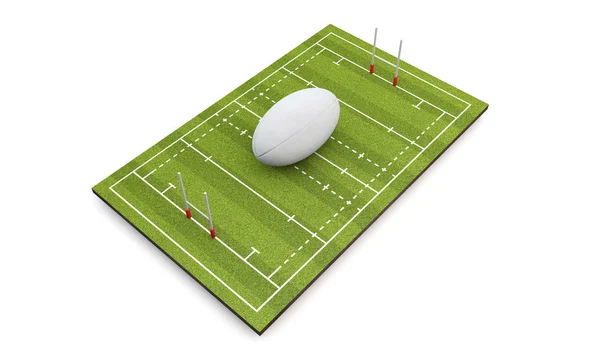 Rugby Pitch Met Bal Doelpalen Render — Stockfoto