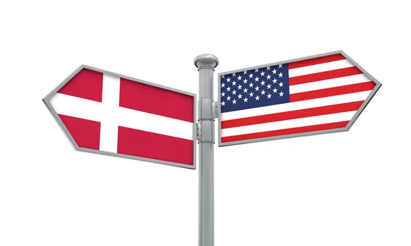 Dänemark Und Amerika Flagge Bewegt Sich Unterschiedliche Richtung Darstellung — Stockfoto