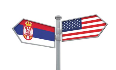 Sırbistan ve Amerika bayrağı farklı yönde hareket. 3D render