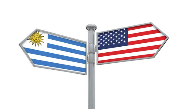 Uruguay Och Amerika Flaggan Går Olika Riktning Rendering — Stockfoto