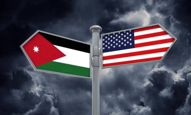 Jordan ve Amerika bayrağı farklı yönde hareket. 3D render