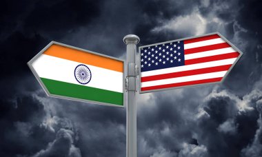 Hindistan ve Amerika bayrağı farklı yönde hareket. 3D render