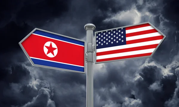 Bandera Corea Del Norte América Moviéndose Dirección Diferente Renderizado —  Fotos de Stock