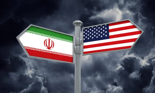 Flaga Iranu Ameryce Innym Kierunku Renderowania — Zdjęcie stockowe