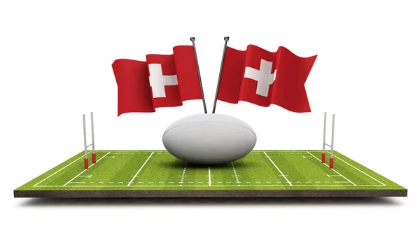 Zwitserland Vlaggen Met Een Rugbybal Worp Rendering — Stockfoto