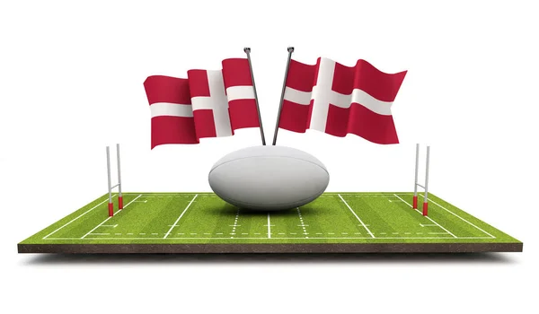 Bandiere Danesi Con Pallone Campo Rugby Rendering — Foto Stock