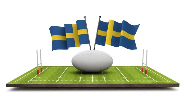 スウェーデンは ラグビー ボールとピッチ フラグします レンダリング — ストック写真