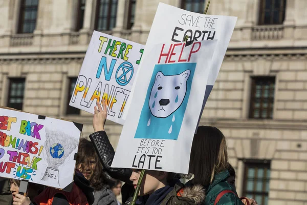 London Februar 2019 Demonstranten Mit Transparenten Bei Einem Jugendstreik Für — Stockfoto