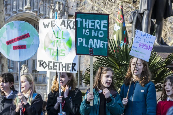 London Wielka Brytania Lutego 2019 Protestujący Banerów Strajku Młodzieży Dla — Zdjęcie stockowe