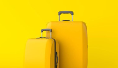 Sarı bir arka plan sarı seyahat bavul. 3D render