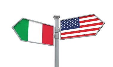 İtalya ve Amerika bayrağı farklı yönde hareket. 3D render
