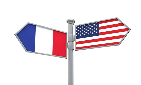 Le drapeau de la France et de l'Amérique se déplace dans une direction différente. Rendu 3D — Photo