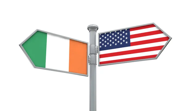 Le drapeau de l'Irlande et de l'Amérique va dans une direction différente. Rendu 3D — Photo