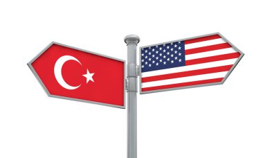 Türkiye ve Amerika bayrağı farklı yönde hareket. 3D render