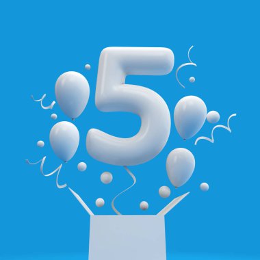 Mutlu 5 doğum günü sürpriz balon ve kutusu. 3D render