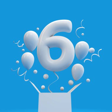 6 doğum günü sürpriz balon ve kutusunu mutlu. 3D render