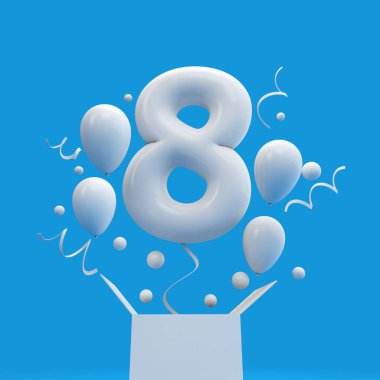 Mutlu 8th doğum günü sürpriz balon ve kutusu. 3D render